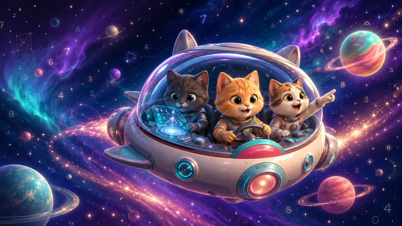 Nova, Pixel and Comet, three kitten astronauts exploring together in their glowing spaceship